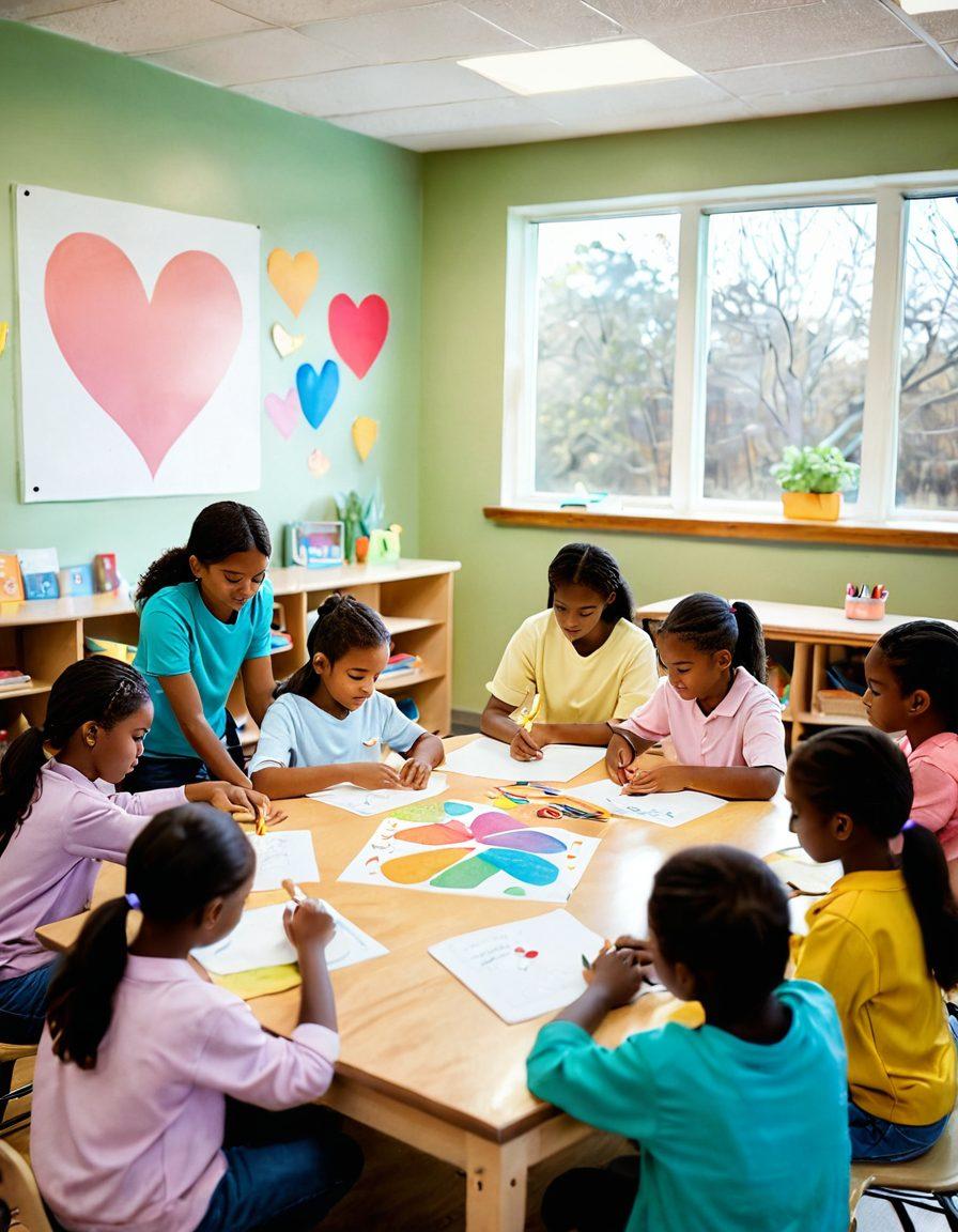 A warm and inviting classroom scene with a diverse group of students engaged in a hands-on learning activity, guided by a compassionate teacher. Heart-shaped elements subtly integrated into the environment, such as decorations and educational materials. A soft, glowing light illuminating the space, symbolizing growth and understanding. Soft pastel colors to evoke feelings of care and warmth. painting. vibrant colors.