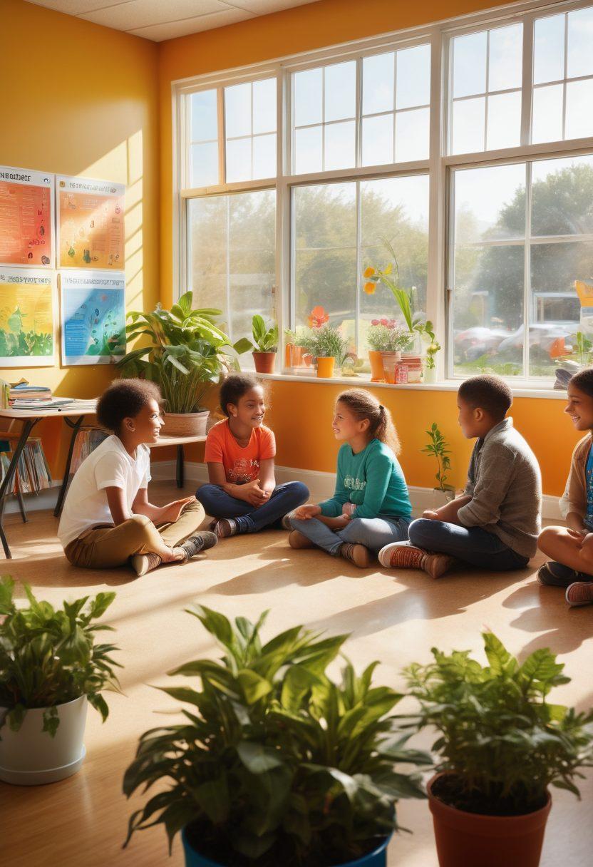 A vibrant classroom filled with diverse students engaged in collaborative learning activities, surrounded by colorful educational posters and plants, showcasing compassionate interactions between peers and teachers. Sunlight streaming through large windows, illuminating a warm and inviting atmosphere. children helping each other with smiles, fostering a sense of community and support. super-realistic. vibrant colors. bright background.