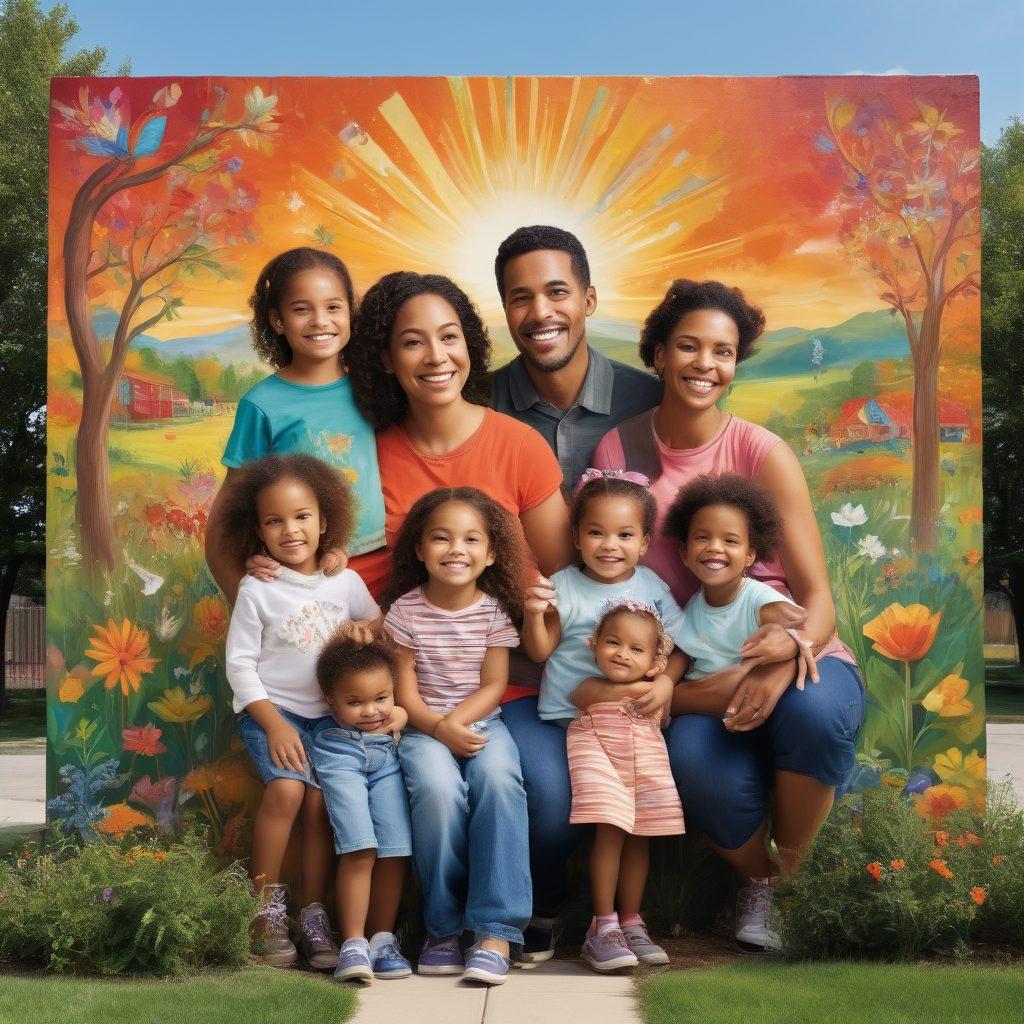 A vibrant scene depicting families and community members engaged in nurturing young children through play and education. Incorporate diverse groups of people, smiles, and warm colors to create a sense of unity and support. Show children exploring nature, reading, and participating in group activities to symbolize growth and learning. Background features a colorful mural illustrating hope and childhood dreams. super-realistic. vibrant colors.